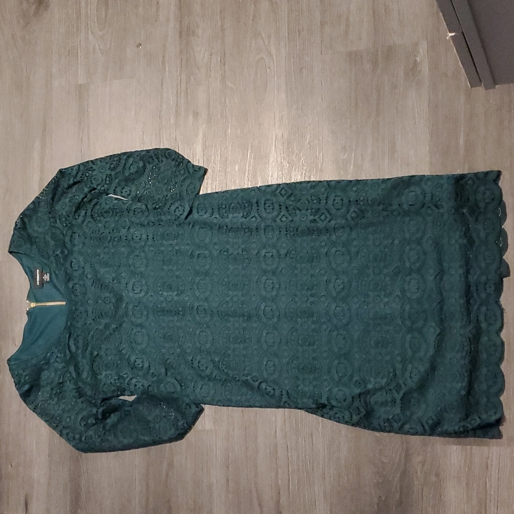 Liz Claiborne Long Sleeve Scoop-Neck Lace Dark Green Dress